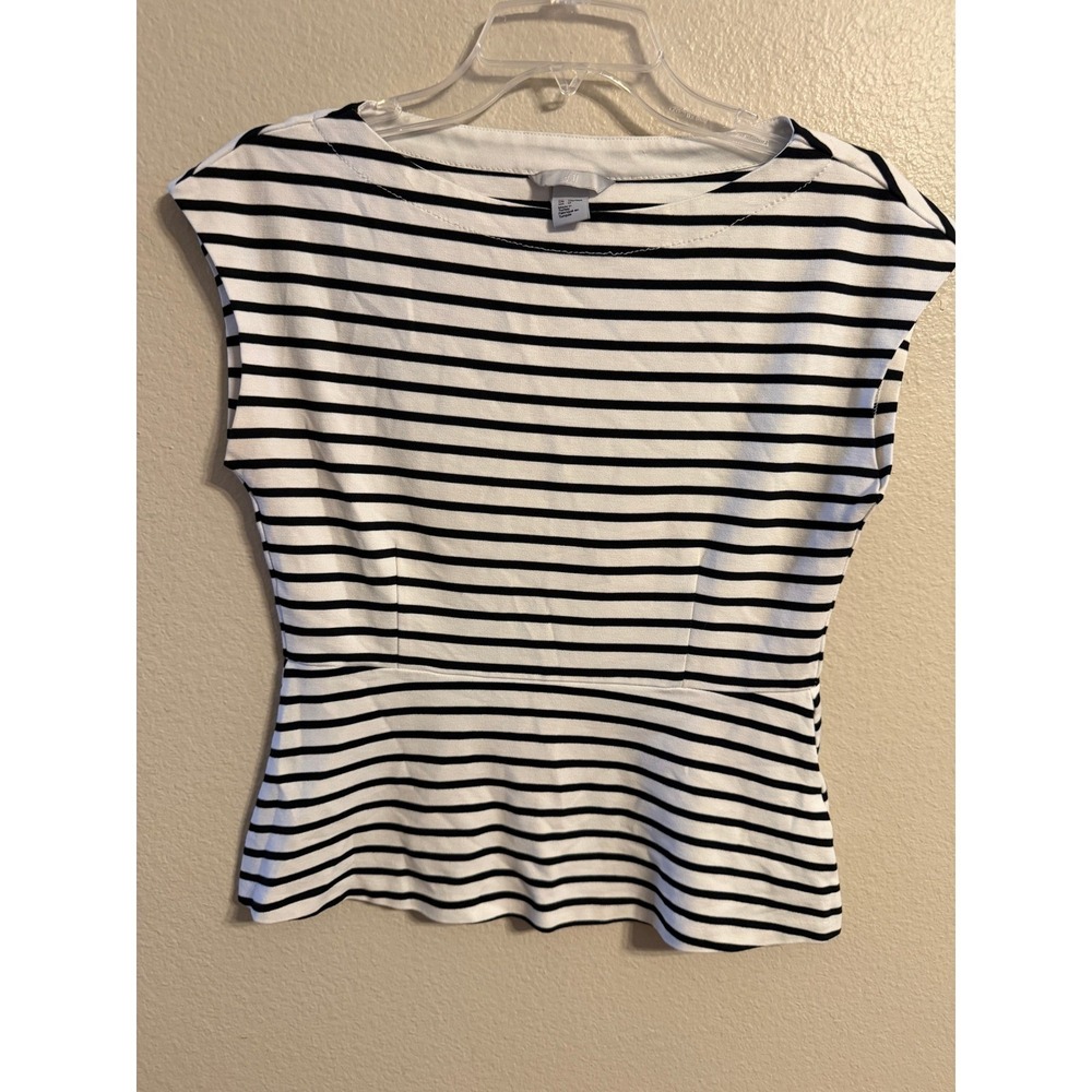 HM Women Black White Striped Boatneck Cap Sleeve Peplum‎ Top Medium 0325693 2